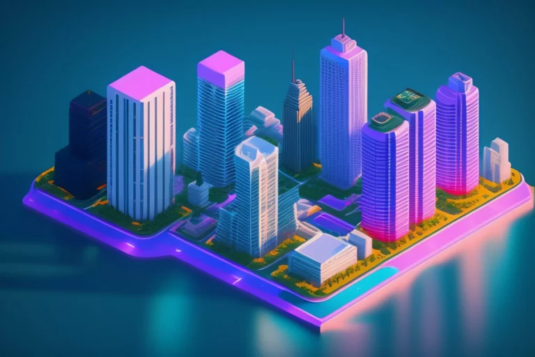 Gratte-ciels futuristes sur une île artificielle colorée.