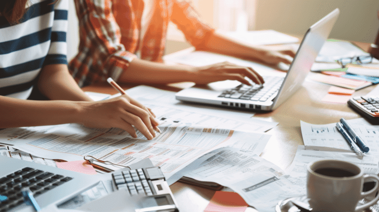 Travailleurs analysant des documents sur un bureau.