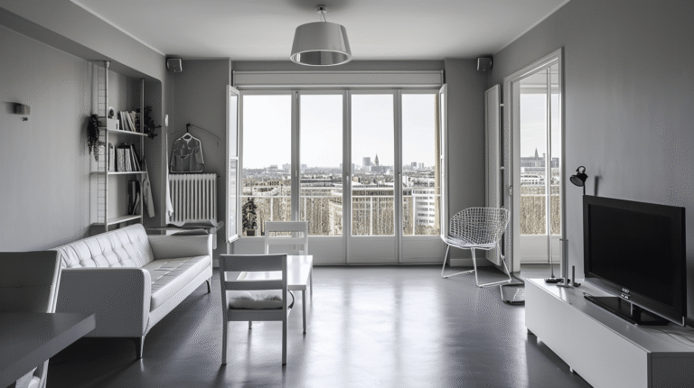 Salon moderne avec vue sur la ville.