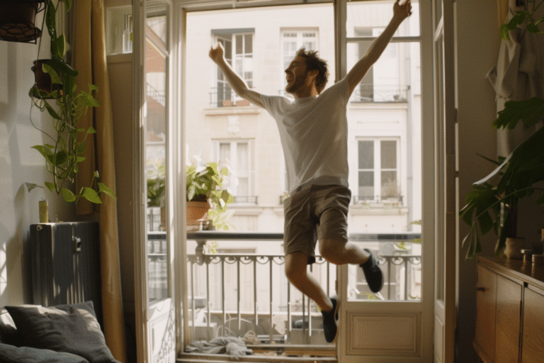Homme joyeux sautant près d'une fenêtre, plantes en arrière-plan.