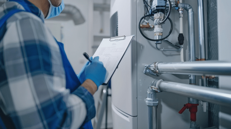 Technicien inspectant un système de plomberie avec un clipboard.