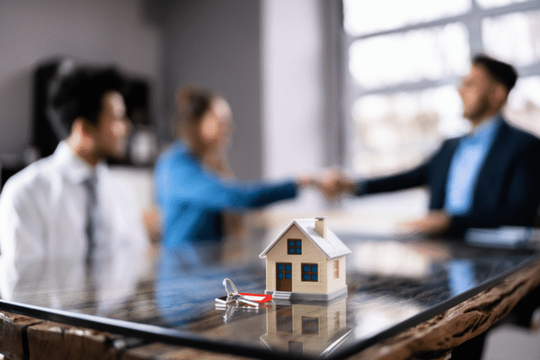 Négociation immobilière avec une maison miniature sur la table.