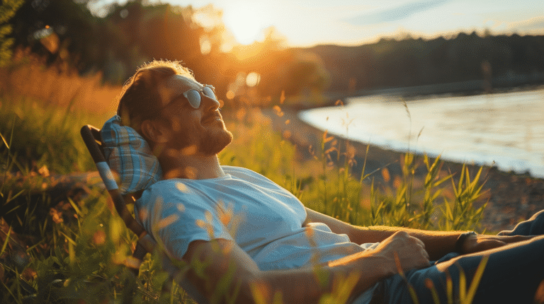 Homme détendu sur une chaise au bord d'un lac.