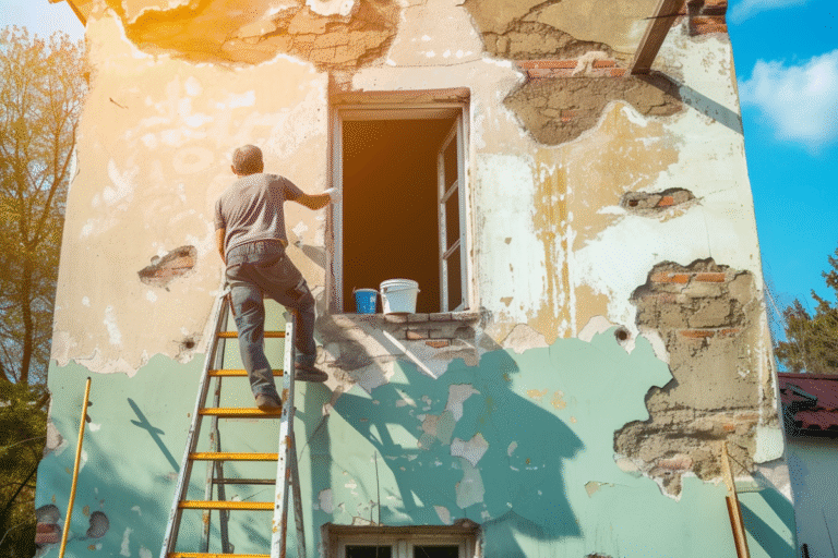 Homme peignant une façade de maison ancienne.