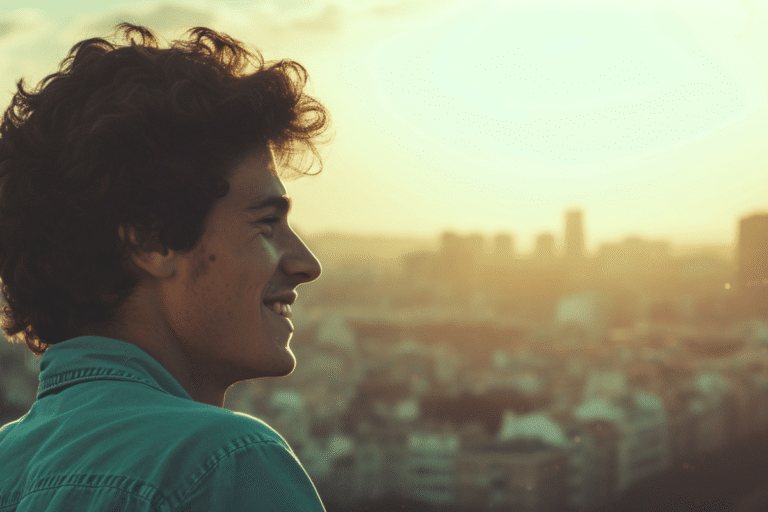 Homme souriant devant un coucher de soleil urbain.