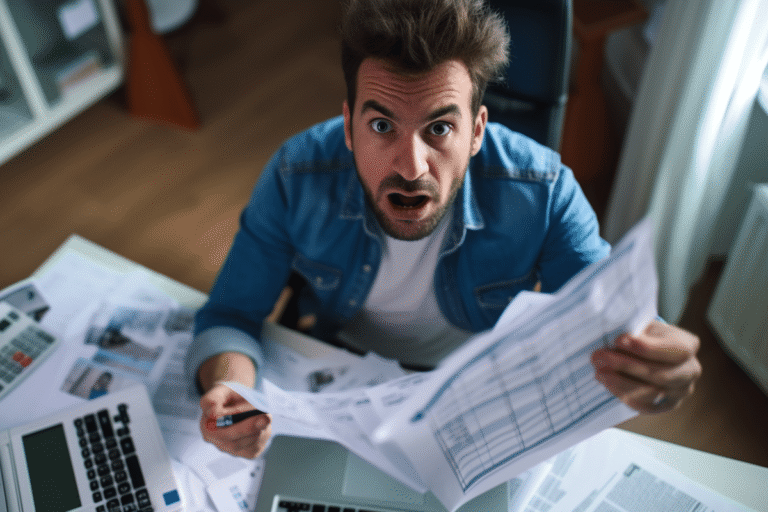 Homme surpris tenant des documents au bureau.