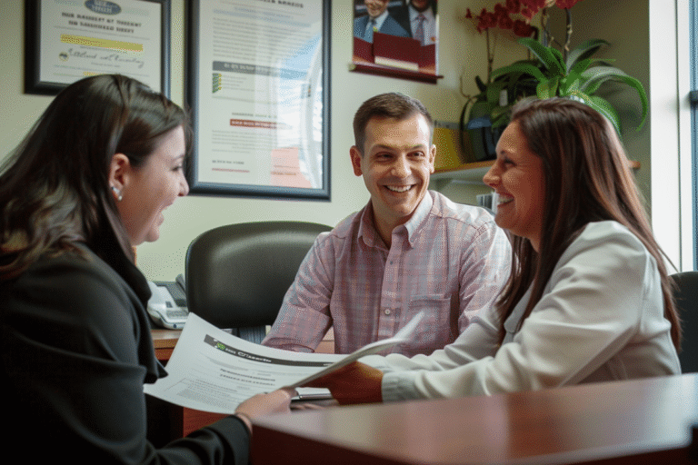 Trois personnes souriantes discutent autour d'une table, avec des documents.