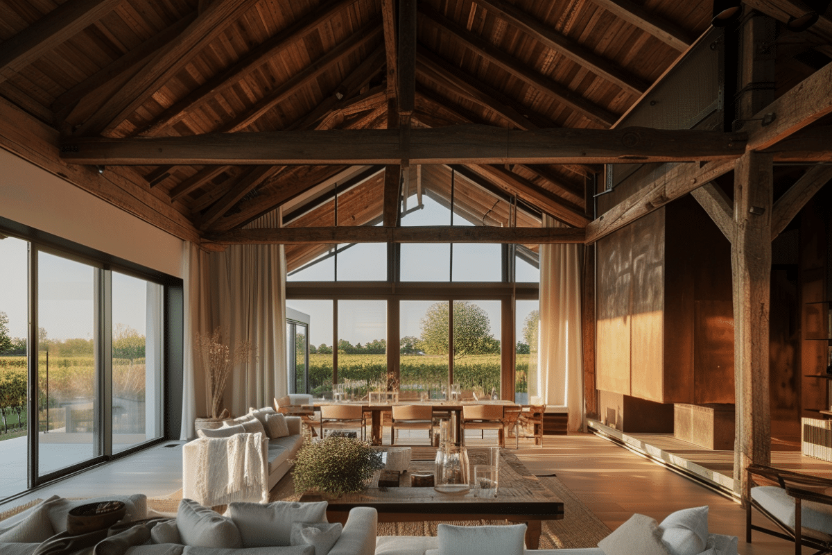 Intérieur lumineux d'une maison moderne avec poutres.