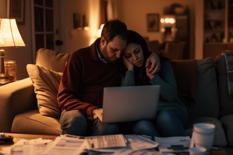 Couple fatigué échangeant des regards devant un ordinateur.