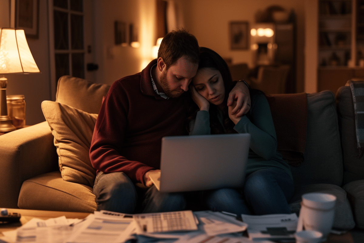 Couple fatigué échangeant des regards devant un ordinateur.