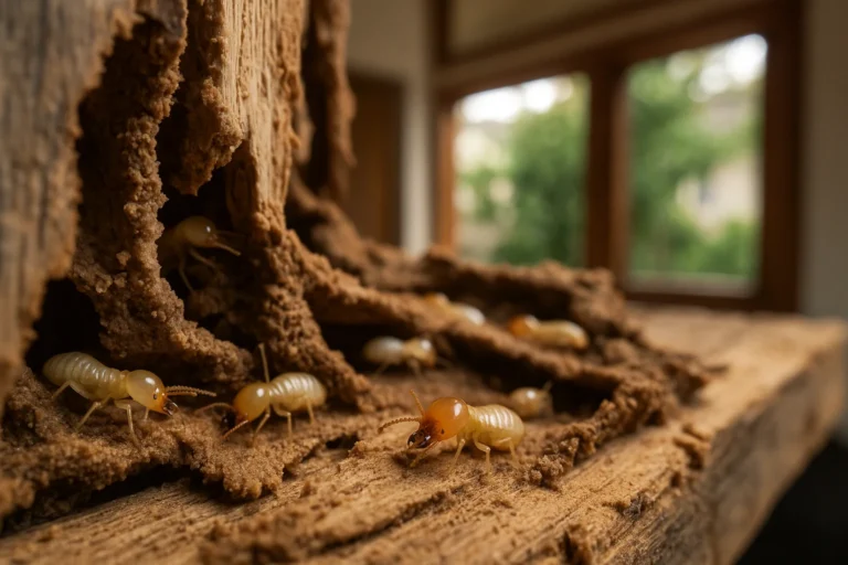 Des termites attaquent le bois dans un grenier