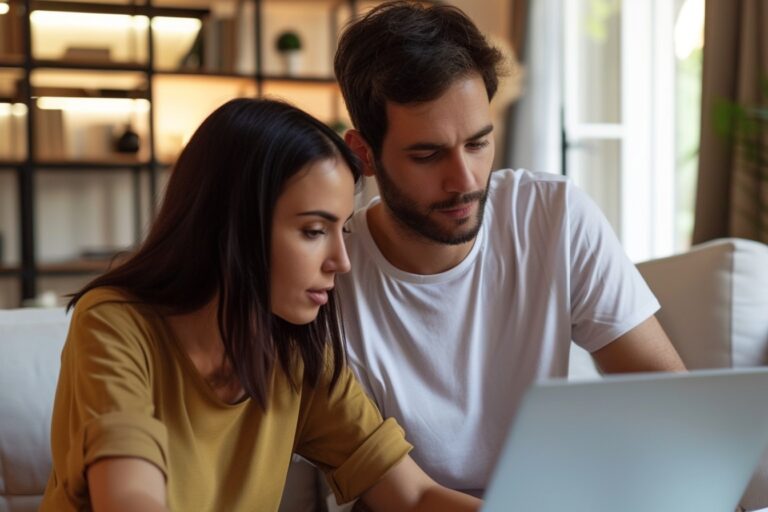 Couple concentré sur un ordinateur portable dans un salon.