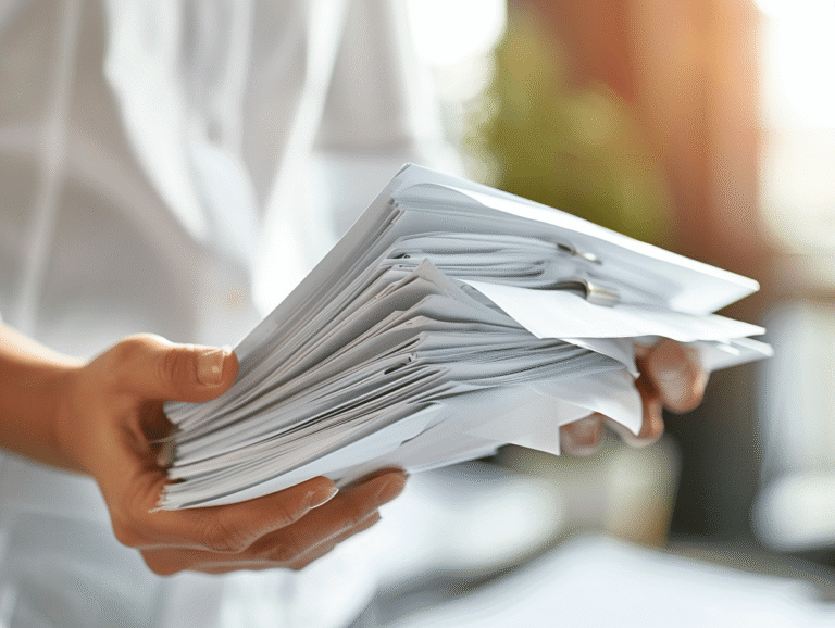 Mains tenant une pile de dossiers en papier.