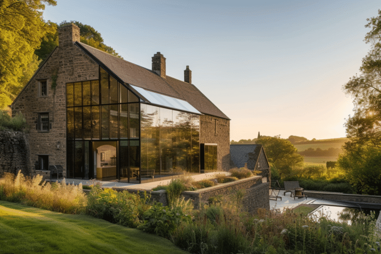 Maison moderne en verre au coucher de soleil.