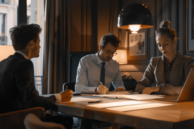 Professionnels en réunion autour d’une table dans un bureau.