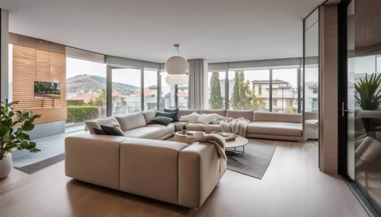 Salon moderne lumineux avec canapé beige et décor minimaliste.