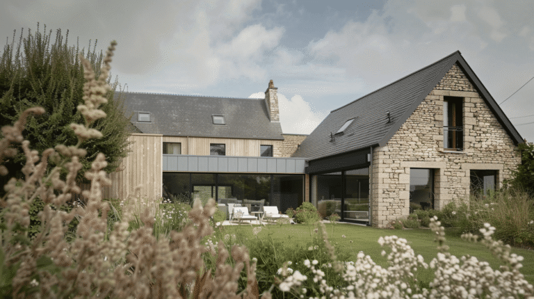 Maison moderne en pierres et bois, jardin fleuri.