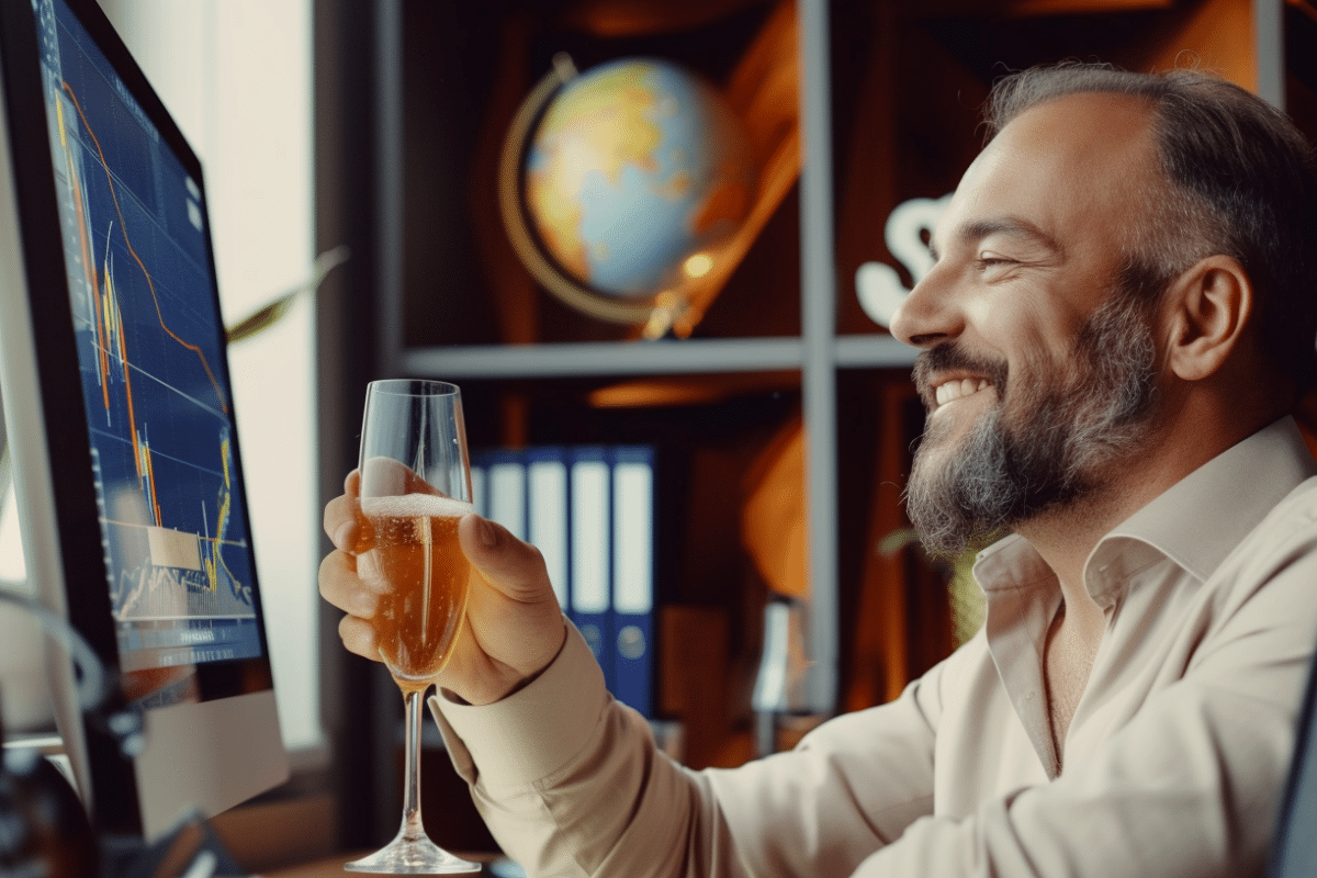 Homme souriant tenant une flûte de champagne devant un graphique financier.