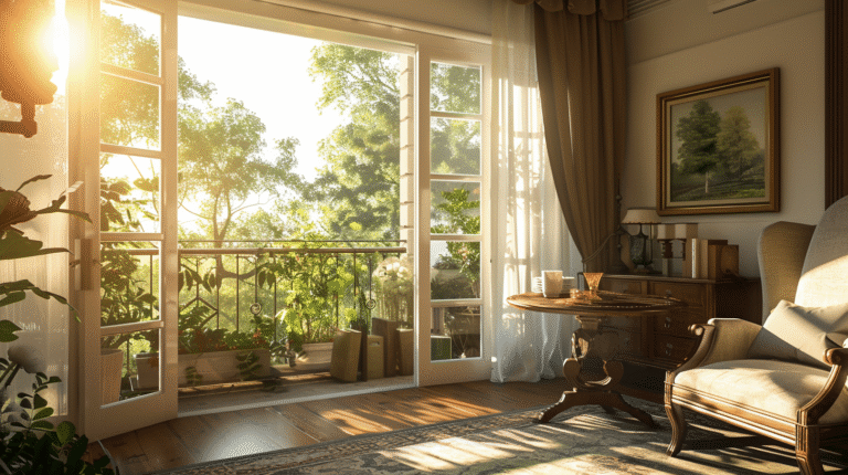 Chambre lumineuse avec fauteuil et balcon verdoyant.