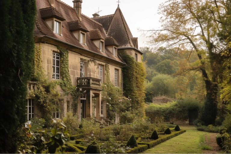 Maison d'époque avec balustrade, jardins et verdure environnante.