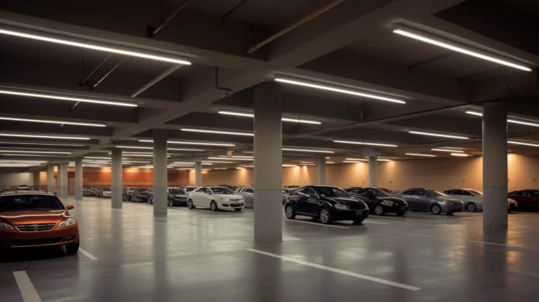Parking souterrain avec plusieurs voitures stationnées.
