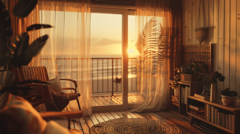 Salon lumineux avec vue sur la mer au coucher du soleil.