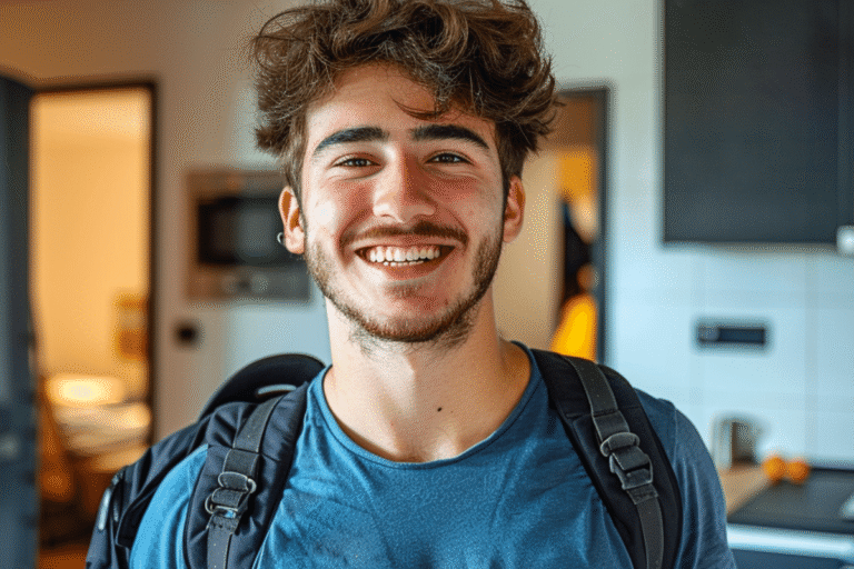 Jeune homme souriant avec un sac à dos.
