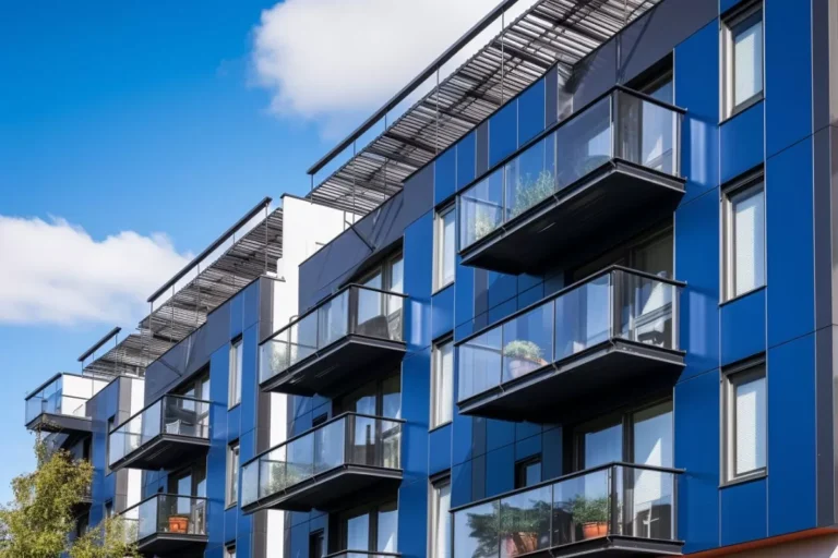 Façade d'immeuble moderne avec balcons en verre.