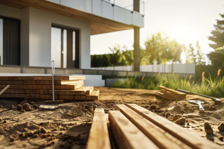 Matériaux de construction en bois sur terrain sablonneux.