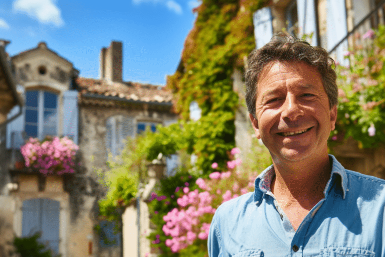 Homme souriant devant des maisons fleuries en Provence.