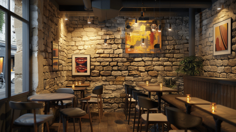 Intérieur d'un café avec murs en pierre et œuvres d'art.