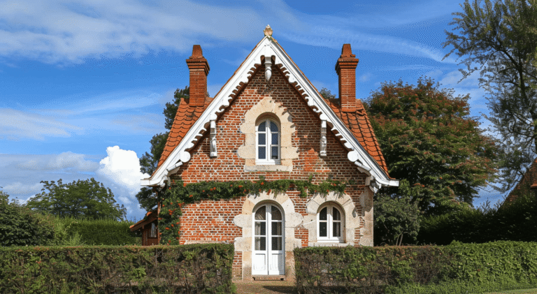 Maison à colombages avec brique rouge et toit en tuiles.