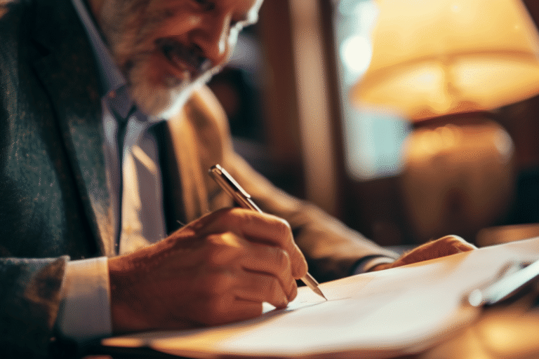 Homme écrivant avec un stylo sur un document.