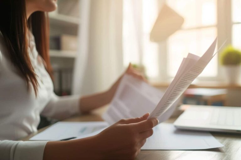 Femme examinant des documents au bureau.