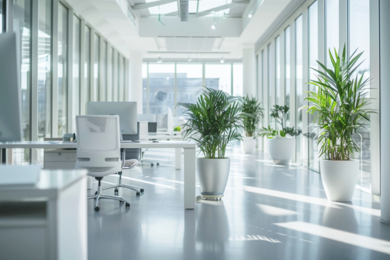 Bureau moderne avec plantes vertes et fenêtres lumineuses.