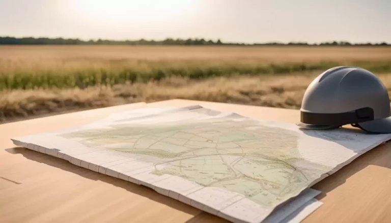 Carte dépliée sur une table avec un casque de chantier.