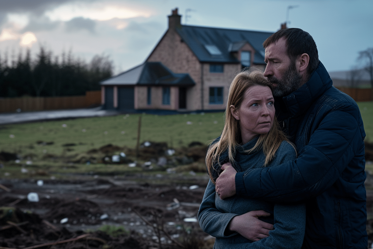 Couple se tenant dans un paysage désolé, maison en arrière-plan.