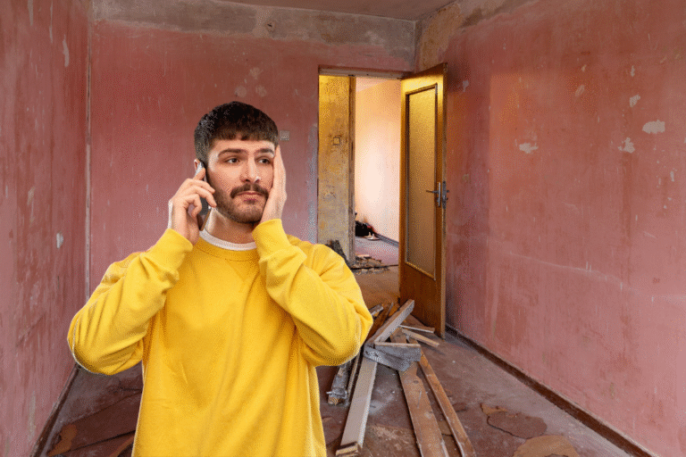 Homme en pull jaune avec téléphone, visiblement inquiet dans une pièce en travaux.