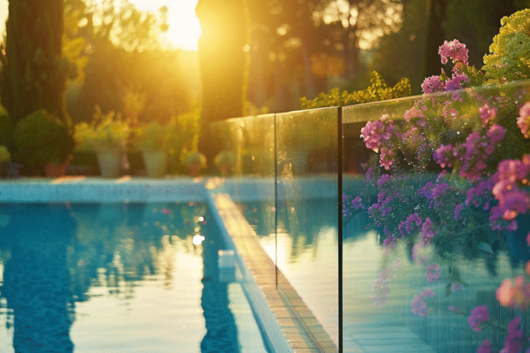 Fleurs colorées près d'une piscine au coucher du soleil.