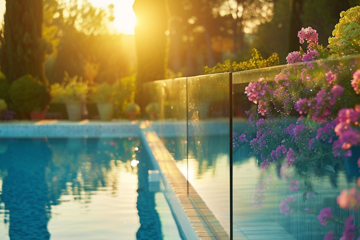 Fleurs colorées près d'une piscine au coucher du soleil.