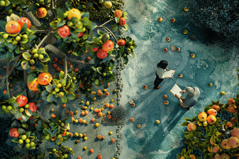 Deux personnes examinent un livre sous un arbre fruitier.