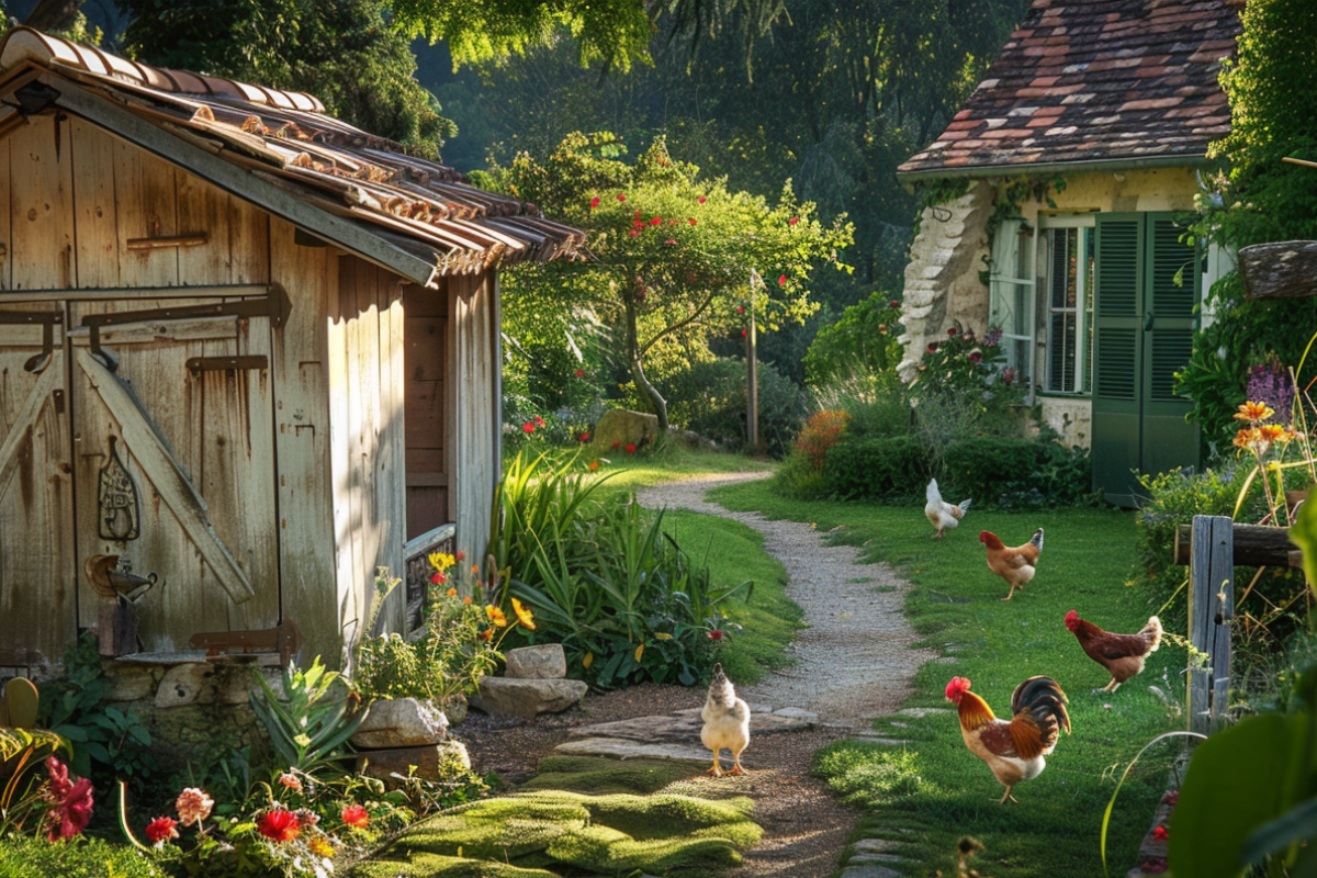 Bâtiment en bois avec poules dans un jardin fleuri.