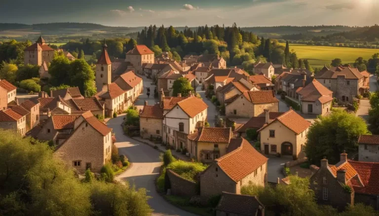 Village pittoresque avec maisons en pierre et toits rouges.