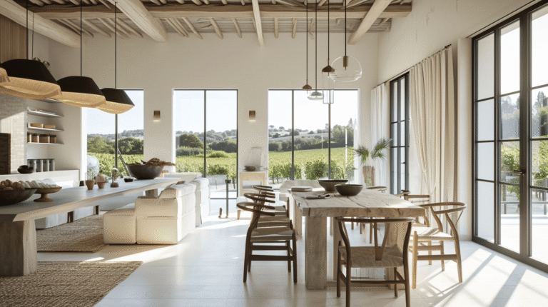 Intérieur lumineux avec table en bois, chaises et vue sur vignes.