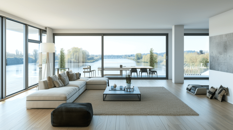 Salon moderne avec vue sur une rivière et des arbres.