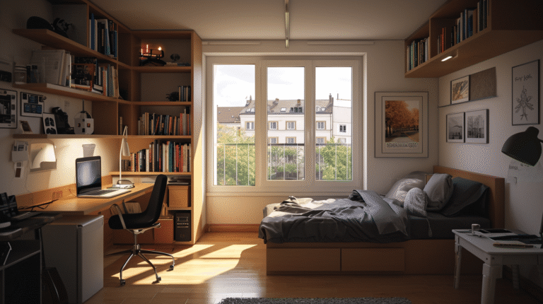 Chambre moderne avec bureau, lit et bibliothèque.