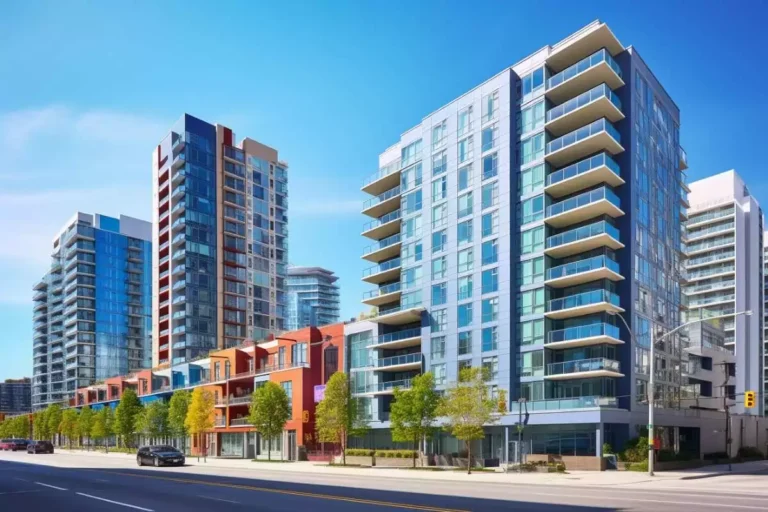 Bâtiments modernes avec balcons et arbres.