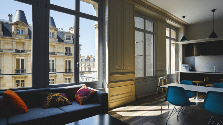 Salon moderne avec vue sur des bâtiments parisiens.