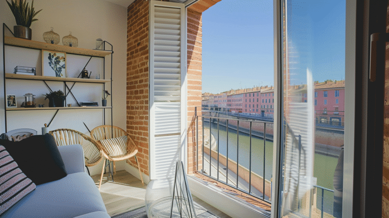 Vue sur un canal avec un balcon et des maisons colorées.