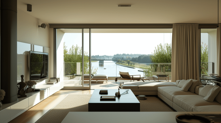 Salon moderne avec vue sur un fleuve et verdure.